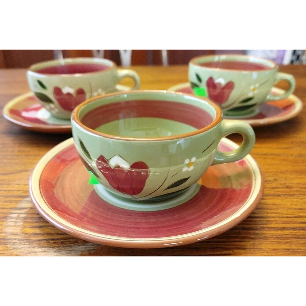 Valentine Stangl Pottery "Magnolia" Avo Green/Red Hand Painted 6 Oz Cup/Saucer